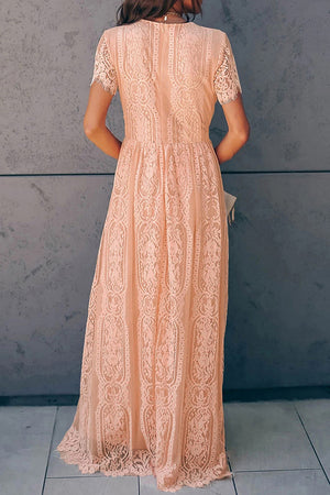 Peach lace midi dress with short sleeves and scalloped hem.