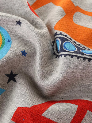 Grey cotton toddler sweatshirt with playful transportation all-over print and stars.