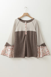 Mocha floral bell sleeve henley top with contrast sleeves and button detail