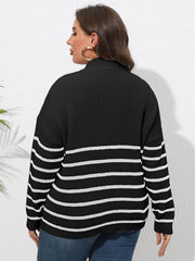 Black ribbed knit sweater with white horizontal stripes and a band collar.