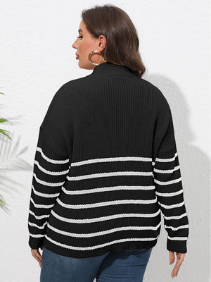 Black ribbed knit sweater with white horizontal stripes and a band collar.