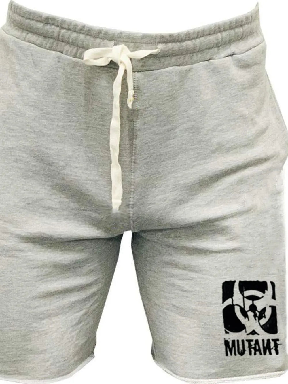 Gray activewear shorts with drawstring and black Mutant logo graphic.