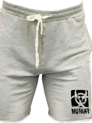 Gray activewear shorts with drawstring and black Mutant logo graphic.