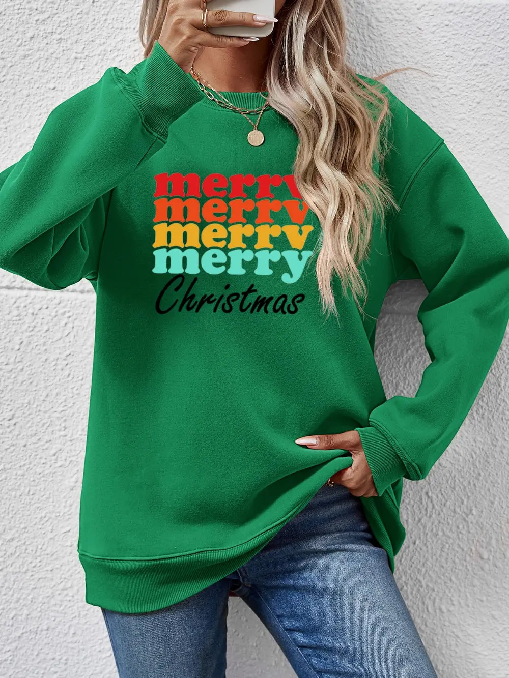 Dark Green Retro Christmas graphic sweatshirt with stacked "merry" text and "Christmas" below.