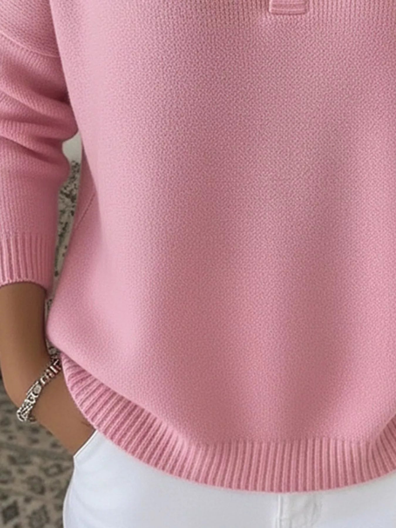 Pink buttoned long-sleeve knit sweater with ribbed hem and cuffs