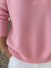 Pink buttoned long-sleeve knit sweater with ribbed hem and cuffs