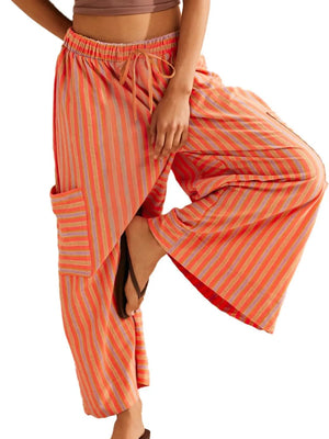 Coastal Stripe Cargo Culottes in Tangerine with side cargo pockets and drawstring waist.