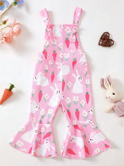Pink baby overalls with adjustable tie straps, featuring a playful bunny and carrot print with flared legs.