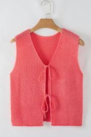 Burnt Coral textured knit tank top with V-neck and tie-front detail.