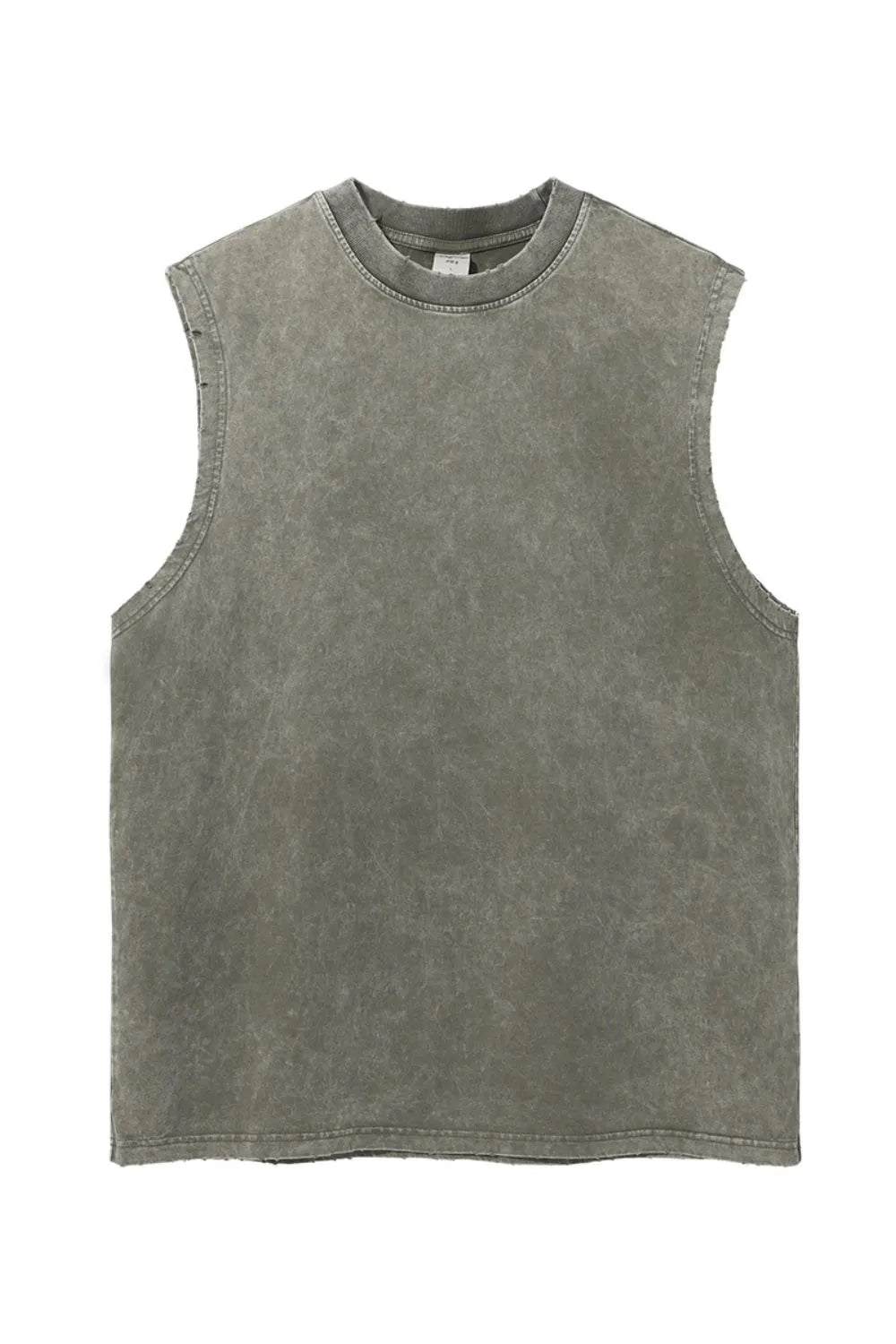 Acid wash muscle tank top in moss with a crew neck and raw hem.