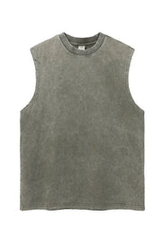 Acid wash muscle tank top in moss with a crew neck and raw hem.