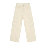 Oversized cargo denim trousers in eggshell with large side pockets and contrast stitching.