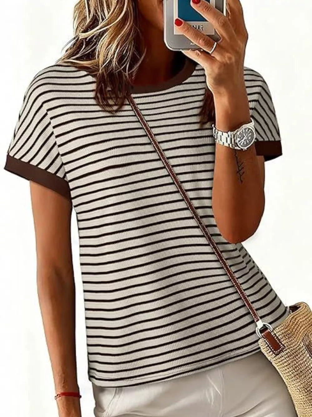 Classic Striped Crew Neck T-shirt in Dark Gray, back view