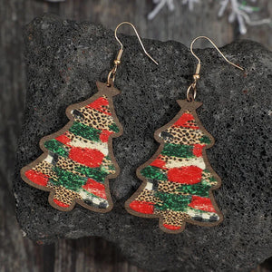 Plaid tree teardrop earrings with leopard print and red accents.