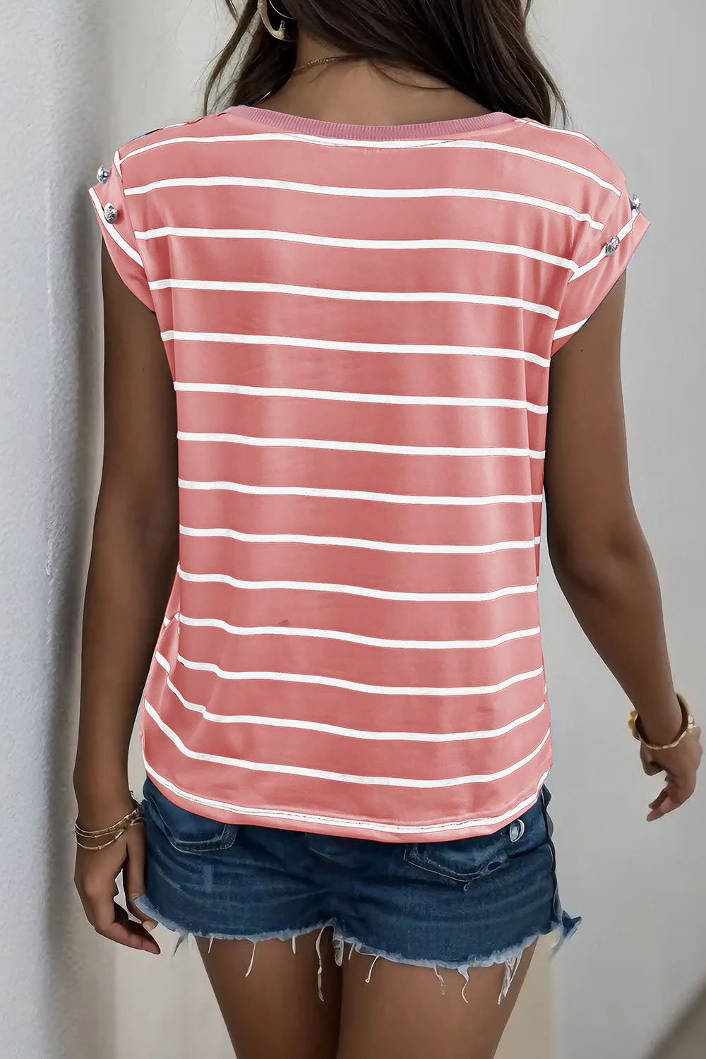 Burnt Coral striped tee with cap sleeves and button detail on shoulders.