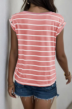 Burnt Coral striped tee with cap sleeves and button detail on shoulders.
