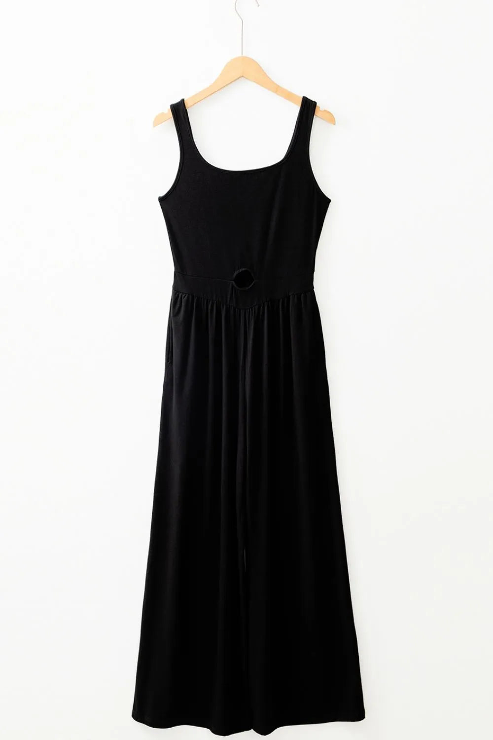 Black wide-leg jumpsuit with scoop neck and keyhole cutout detail