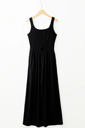 Black wide-leg jumpsuit with scoop neck and keyhole cutout detail