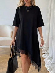 Black asymmetrical t-shirt dress with lace trim hem and short sleeves.
