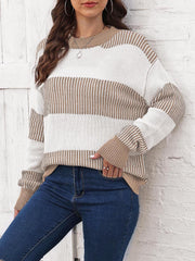 Striped knit crewneck sweater in khaki and white with ribbed trim and crew neckline.