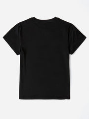Black t-shirt with short sleeves and a crew neck.
