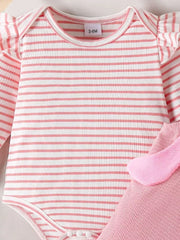 Pink striped baby bodysuit with ruffled sleeves and pink ribbed leggings.