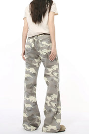 Gray camo flare jeans with utility pockets and a relaxed fit.
