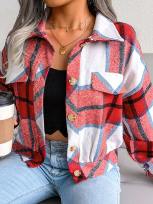 Boxy red plaid shacket with gathered hem, button front, and collarless neckline.
