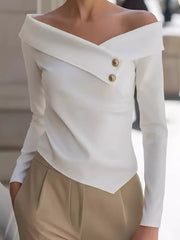 Elegant Off-the-shoulder Blouse With Buttons in White, side view