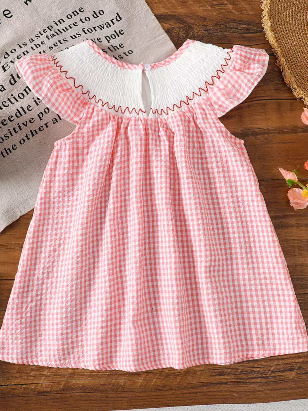 Children's Smocked Plaid Ruffle Sleeve Dress in Pink, alternate angle