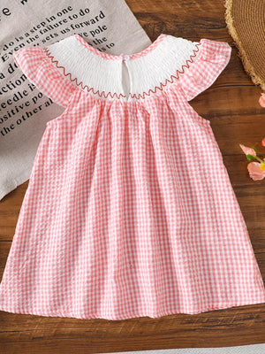 Children's Smocked Plaid Ruffle Sleeve Dress in Pink, alternate angle