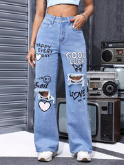 Distressed Graphic Wide-leg Jeans