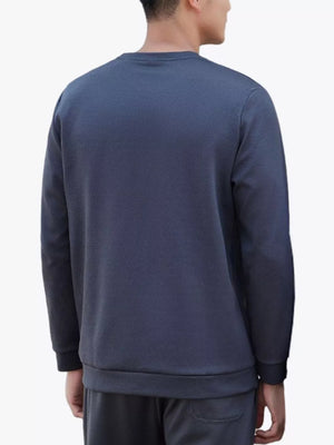 Men's crew neck sweatshirt in blue with textured fabric and long sleeves.