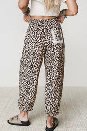 Leopard Print Ankle-length Elastic Waist Pants in Black, close-up detail