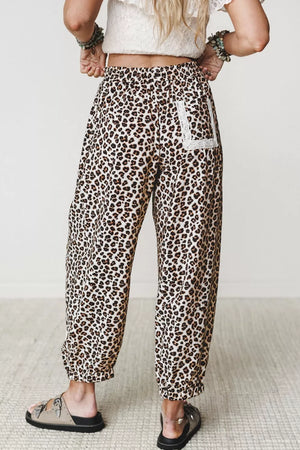 Leopard Print Ankle-length Elastic Waist Pants in Black, close-up detail