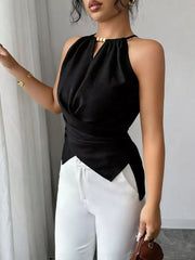 Black gathered neck halter cami with beaded detail and crisscross wrap front.