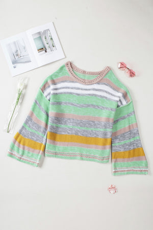Open-shoulder stripe knit pullover in Gum Leaf with crochet neckline and bell sleeves.