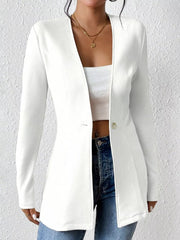 White single-button blazer with tailored fit and textured fabric.