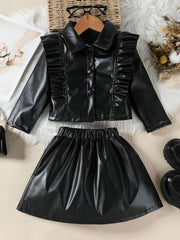 Black faux leather toddler set with ruffled collared jacket and elastic waist skirt.