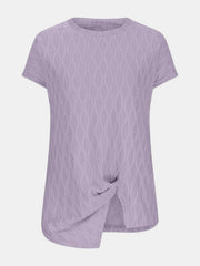 Lavender textured tee with short sleeves, crew neck, and asymmetric knot-front detail.