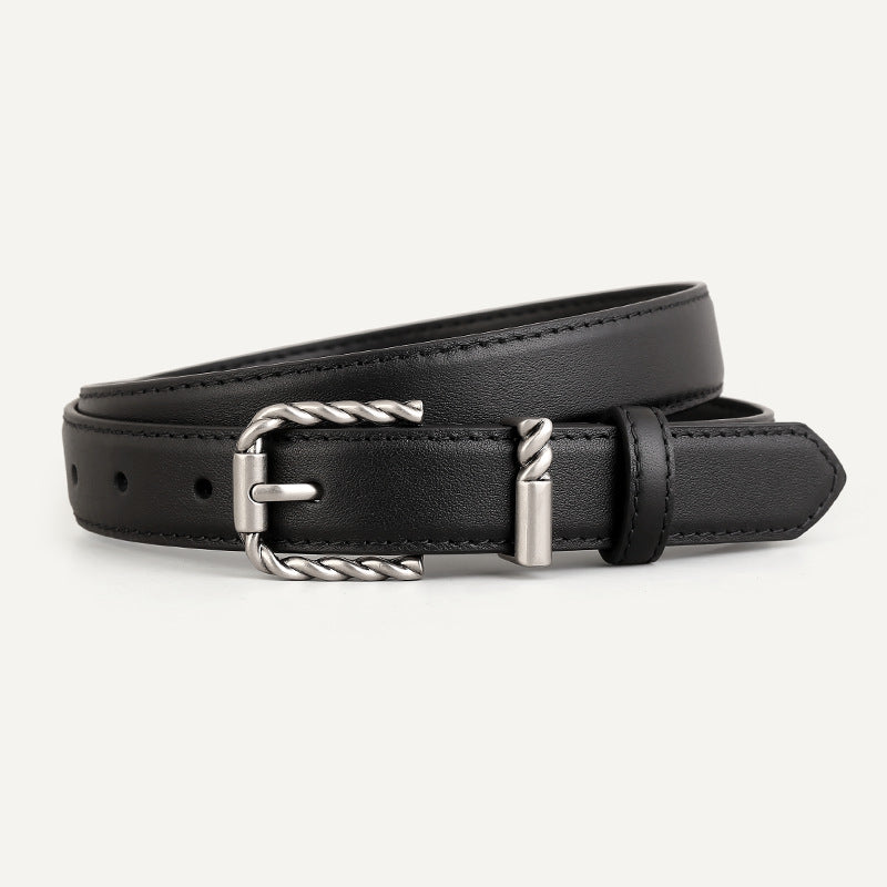 Black cowhide leather belt with twisted buckle detail and silver hardware.