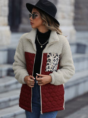 Teddy & quilted panel zip jacket in cream, burgundy, and leopard print with zip pockets.