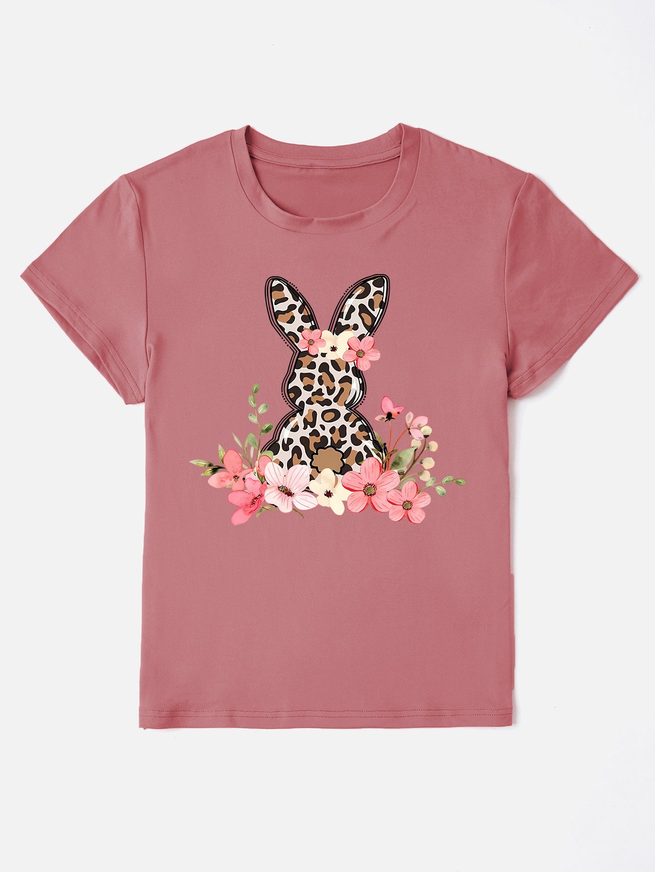 Dusty Pink crewneck t-shirt with a leopard print bunny graphic surrounded by flowers.