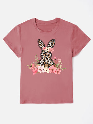 Dusty Pink crewneck t-shirt with a leopard print bunny graphic surrounded by flowers.