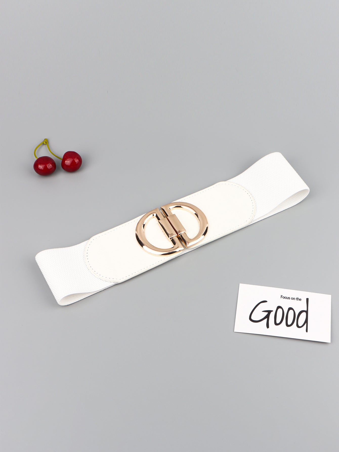 White elastic belt with double D gold buckle