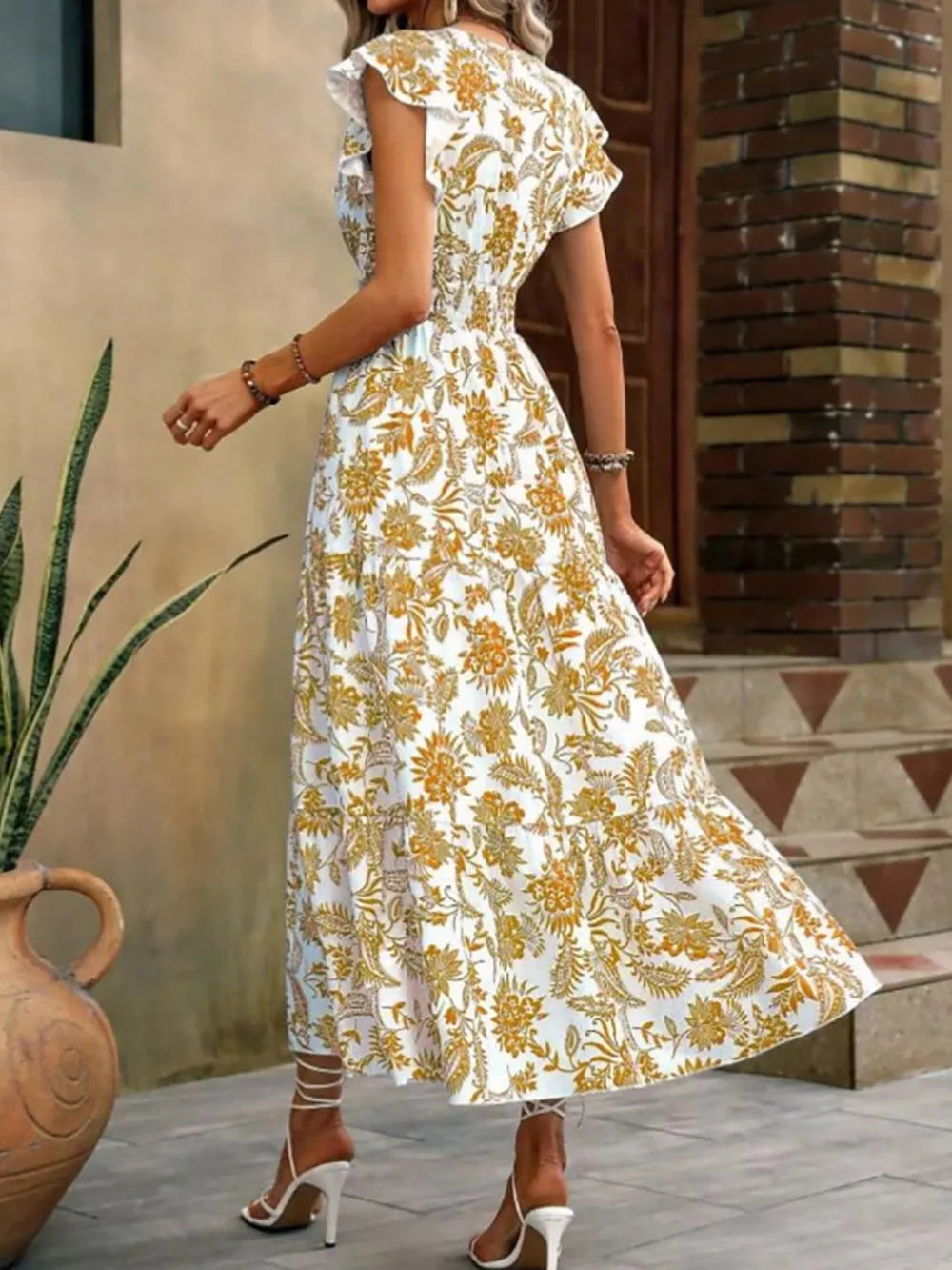 Botanical ruffle sleeve midi dress in white with yellow floral print, polyester, cinched waist