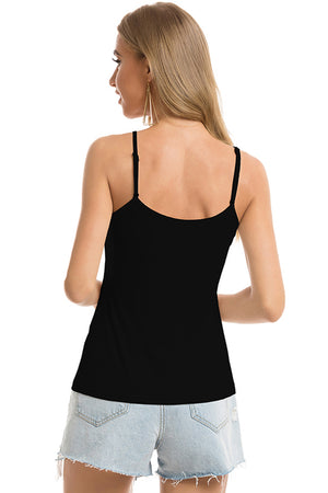 Black scoop neck cami with adjustable spaghetti straps and a smooth finish.