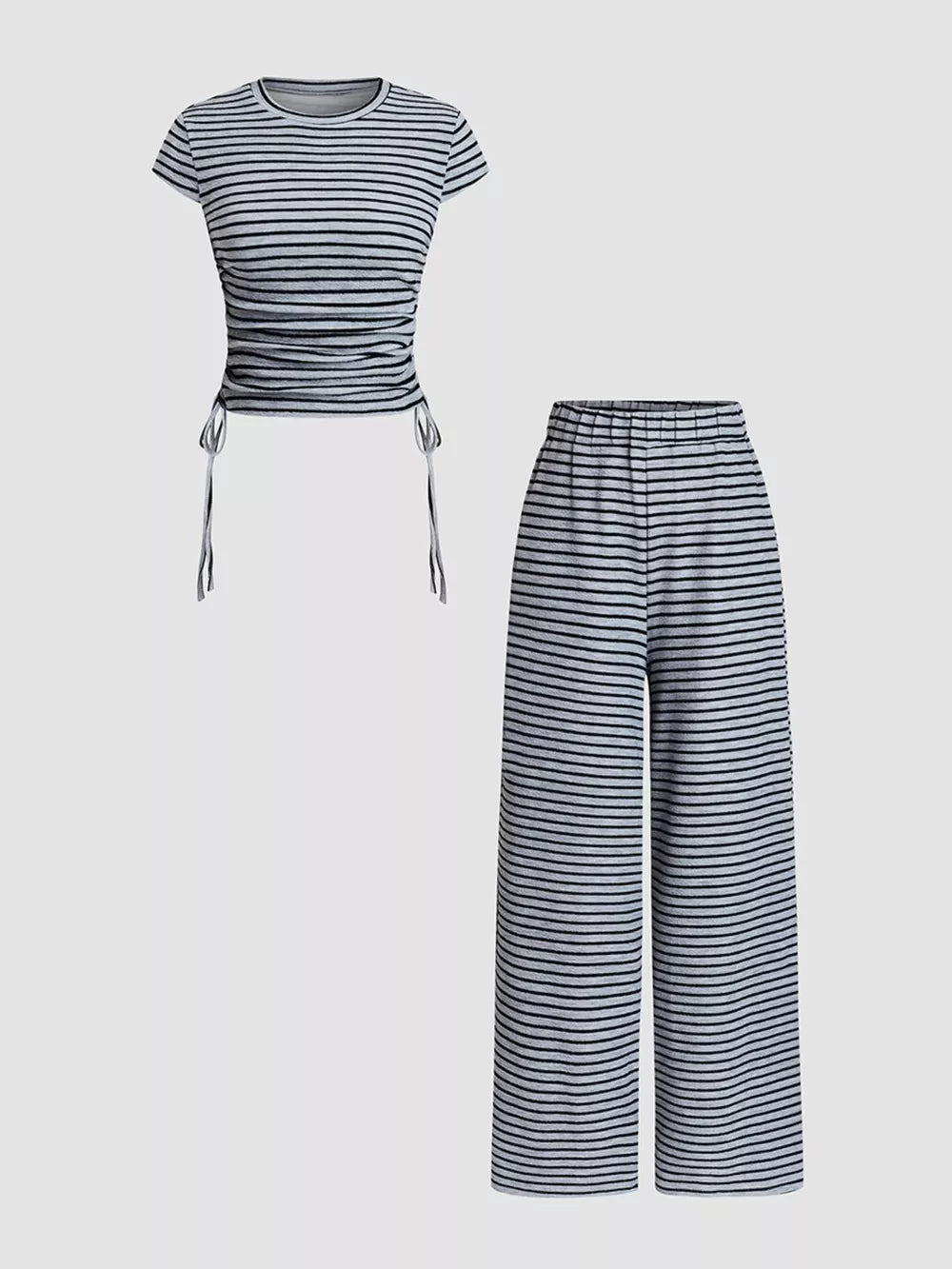 Striped crop top with adjustable drawstring sides and matching wide-leg pants.