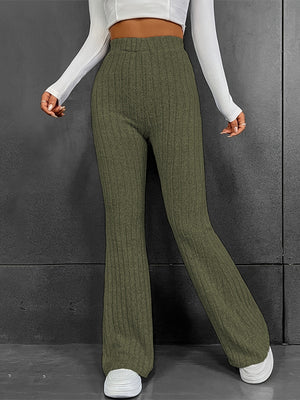 Sculpted ribbed flare trousers in Matcha Green, made of 100% polyester, with a high waist and bootcut leg.