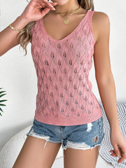 Dusty Pink openwork leaf knit cami with V-neck and sleeveless design.
